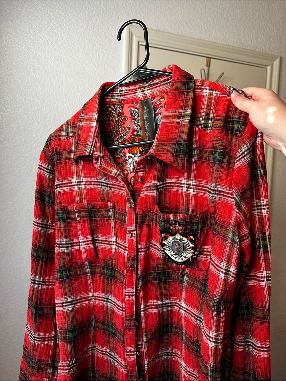 Anthropologie Aratta Silent Journey Red Paisley Plaid Scarf Mixed-Print Shirt S - Picture 13 of 13